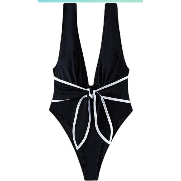 Hilinker‎ Womens S One Piece Bathing Swim Suit Front Tie Bow Black Deep V Neck - Picture 1 of 8